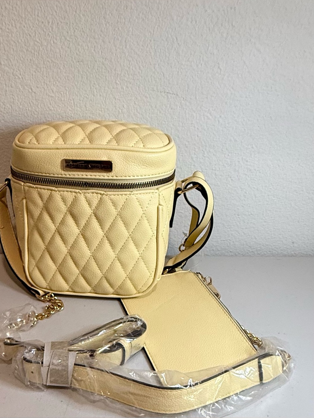 Adrienne Vittadini Quilted Light Yellow Crossbody Bag with Gold Hardware